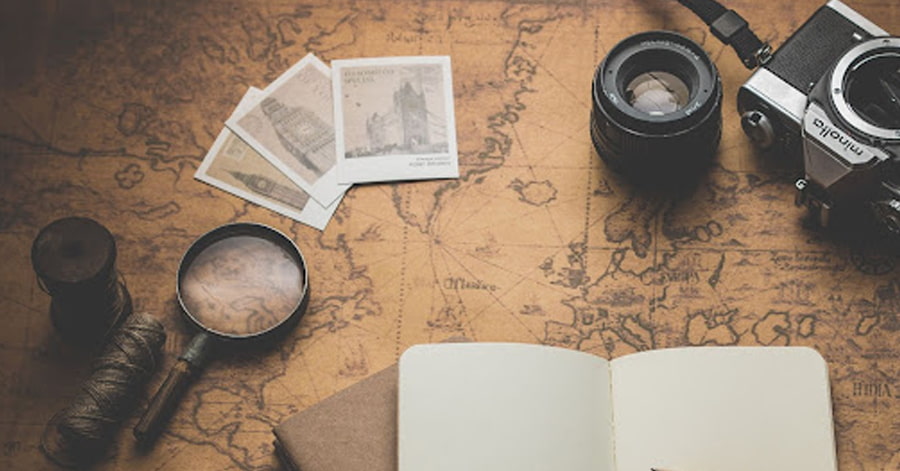 Pictures of the necessary items for an international trip.